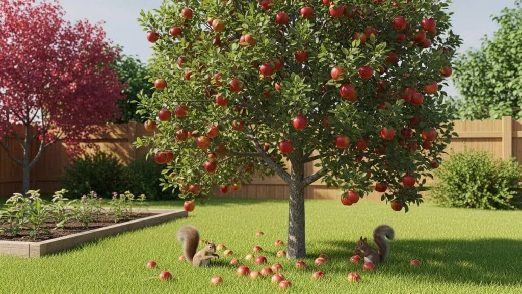 Squirrels near fallen apples under an apple tree in a backyard