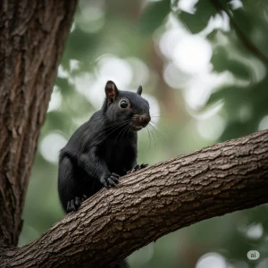 A sleek, all-black squirrel sitting alert on a tree branch