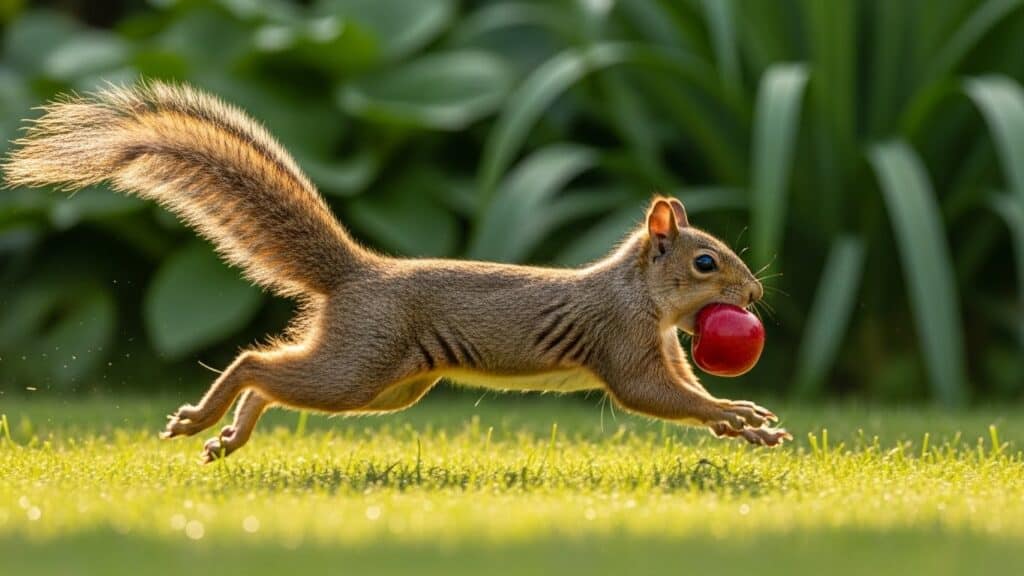 Squirrel carrying a red apple across a garden lawn