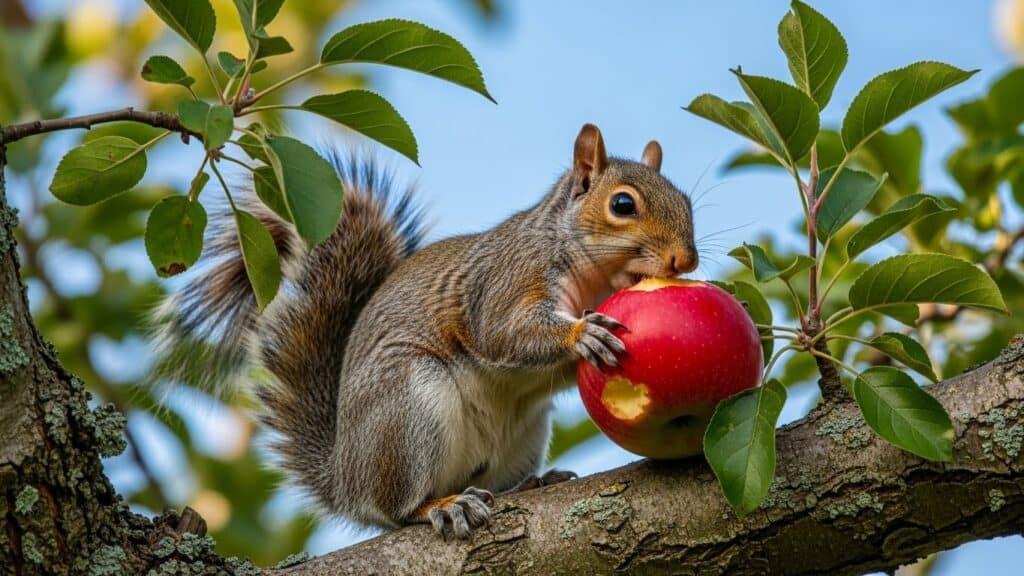 Squirrel eating an apple while standing on a tree branch