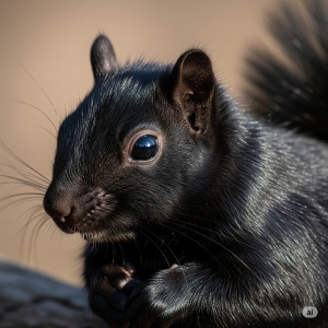 A close-up of a squirrel that is completely and uniformly black, highlighting the sleek fur.