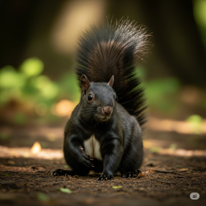 A larger, more robust-looking black squirrel on the ground, perhaps appearing stockier than the gray squirrel.]
