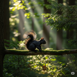 A photo of a black squirrel with a clear white patch, white tail, or white paws.]