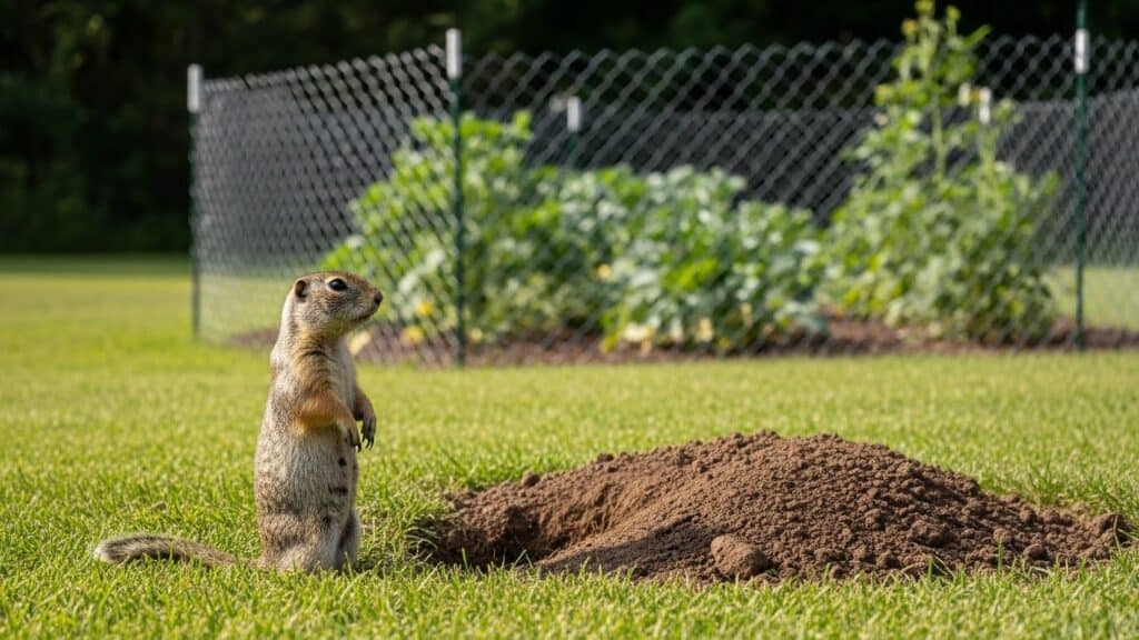 A ground squirrel standing near an open burrow in a backyard with wire mesh garden protection in the background