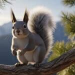 Abert's squirrel with long ear tufts sitting on a Ponderosa pine branch in a sunny mountain forest.