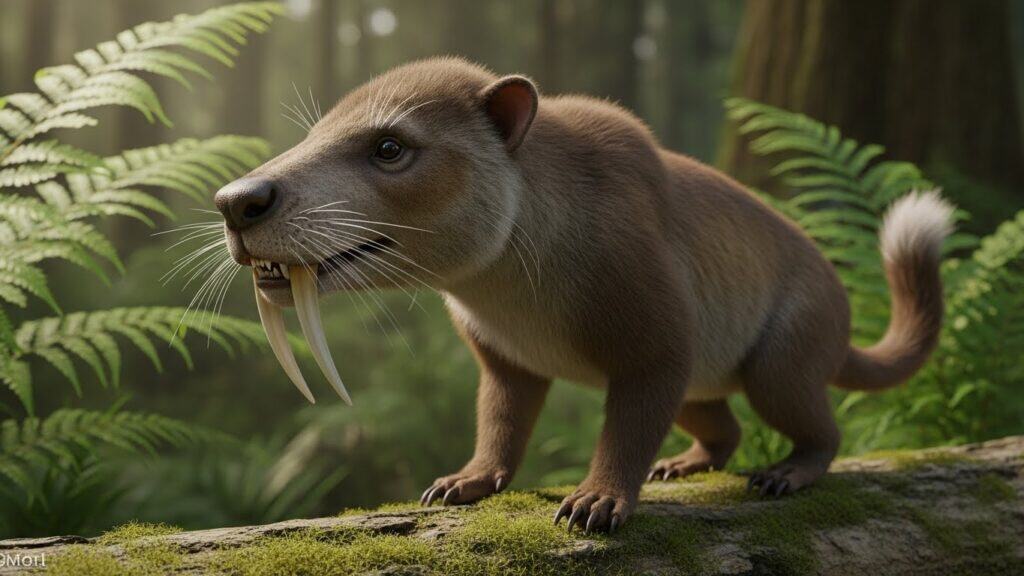 A realistic 3D reconstruction of the prehistoric saber-tooth squirrel species Cronopio dentiacutus showing its long fangs in a tropical forest.