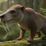 A realistic 3D reconstruction of the prehistoric saber-tooth squirrel species Cronopio dentiacutus showing its long fangs in a tropical forest.